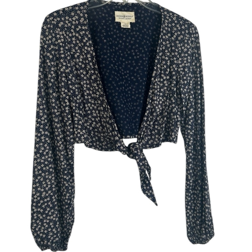 Denim & Supply Ralph Lauren Blue Cream Ditsy Floral Crop Top Cardigan Size Small
